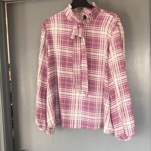 3XL Pink Plaid Top ruffle collar front Bow back closure Long Sleeves